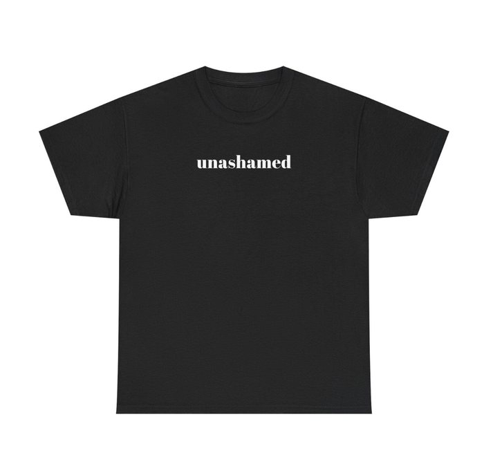 Black T-shirt printed “unashamed”